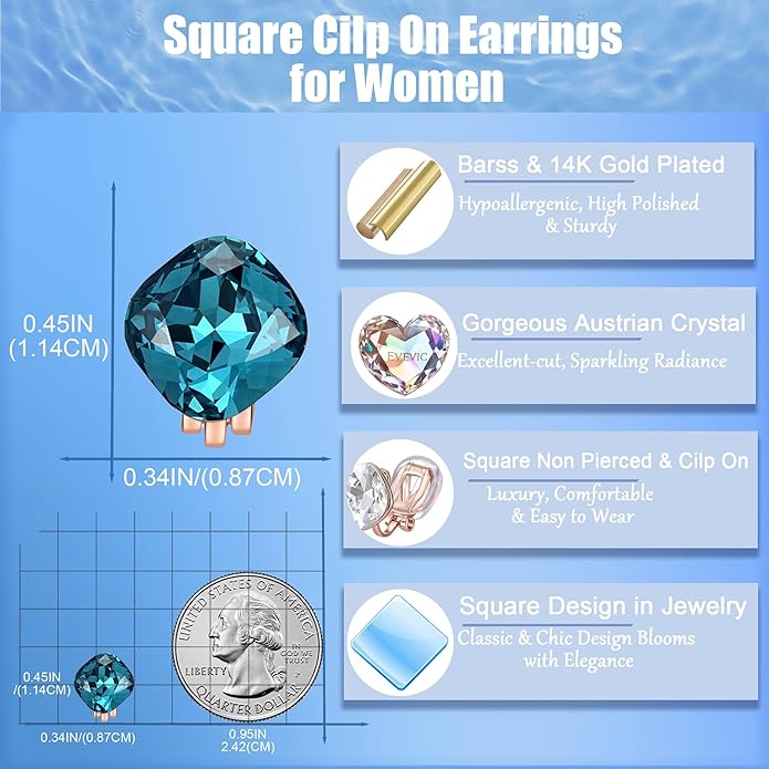 EVEVIC Austrian Crystal Square Cilp On Earrings for Women 14K Gold Plated Non Pierced for Sensitive Ears Jewelry Gifts for Anniversary