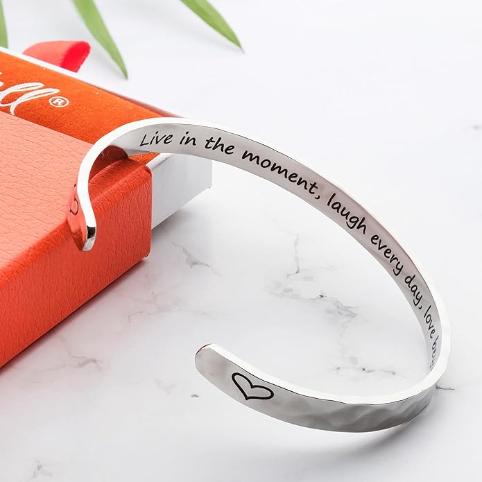 Carviell Engraved Cuff Bracelets for Women – Inspirational, Friendship, Love, Mom, Daughter, Sister, Christian, Graduation, Memorial & Wedding Gifts – 80+ Phrases – Stainless Steel, Gift-Ready