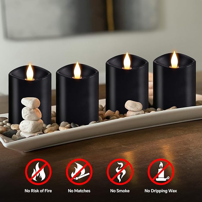 3x4 Flickering Flameless Candles Set of 3,Real Wax Pillar led Candles Flickering,with Timer,4 inch Flameless Candles with Remote,for Holiday Home Decor Party,Black