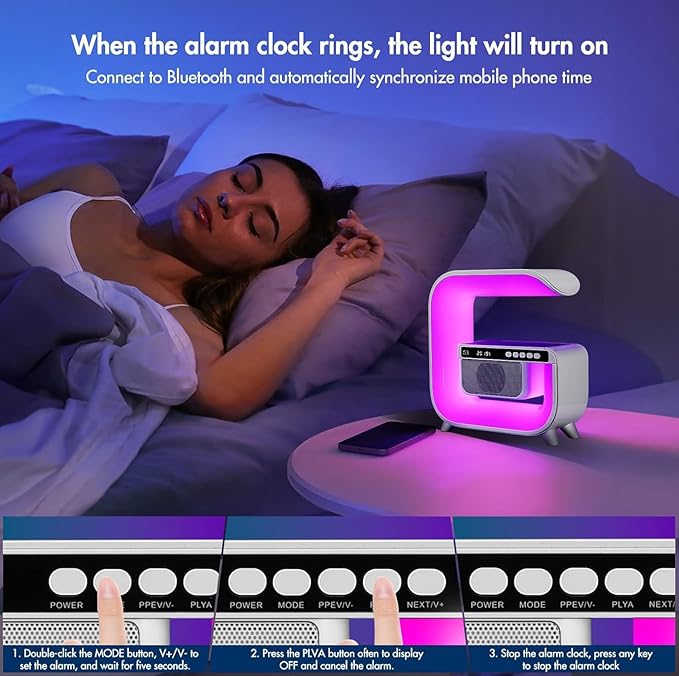 Table Lamp with Hi-Fi Bluetooth Speaker, Bedside LED Lamp with Up to 15W Qi Wireless Charger, Color Changing Mood Lamp with Alarm Clock, Desk Lamp for Bedroom, Nightstand, Home Decor, Gift - g3