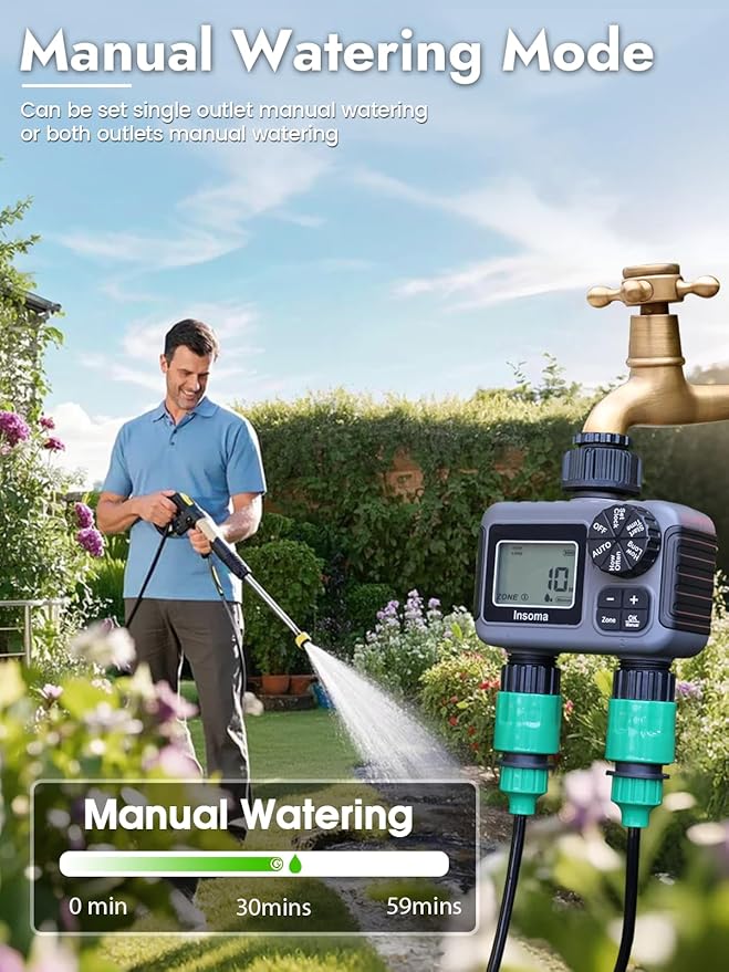Insoma 2-Zone Sprinkler Timer, Programmable Garden Hose Timer with Auto/Manual/Rain Delay Modes | Water-Saving Irrigation Controller for Lawn, Yard & Drip Systems | Waterproof Design & Easy Setup