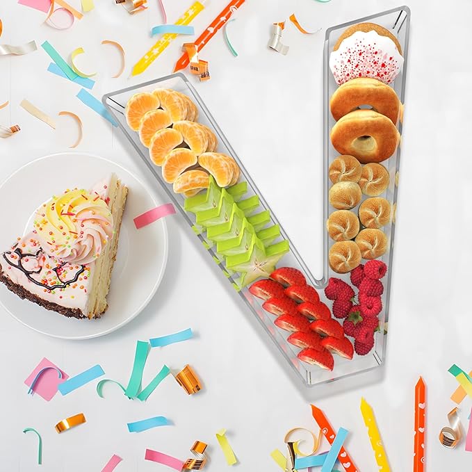 13.8" Extra Large Acrylic Letter Charcuterie Board Box, Reusable Fillable Letter Cake Candy Dish Display Serving Tray for Birthday Anniversary Party Decoration (V)