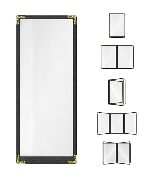 Goodsmart Restaurant Menu Covers - Black, 25 Pack, 4.25" x 11", 1-Page/2-View, Top-Loading Vinyl Menu Holders with Clear Sleeves, Double-Stitched Edge, Leather-Style Café Covers with Gold Corners