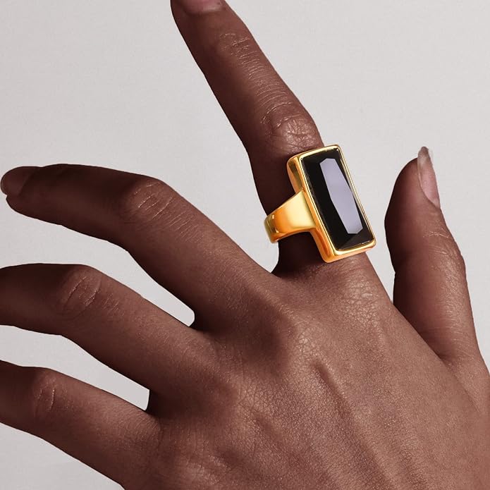 VNOX Vintage Fashion Stainless Steel Gold Plated Rectangular Black Glass Crystal Cocktail Statement Onyx Ring for Women