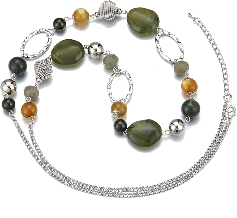 BULINLIN Beaded Long Necklace for Women Silver Sweater Chain Necklace with Crystal Resin Beads, Fashion Jewelry Necklace