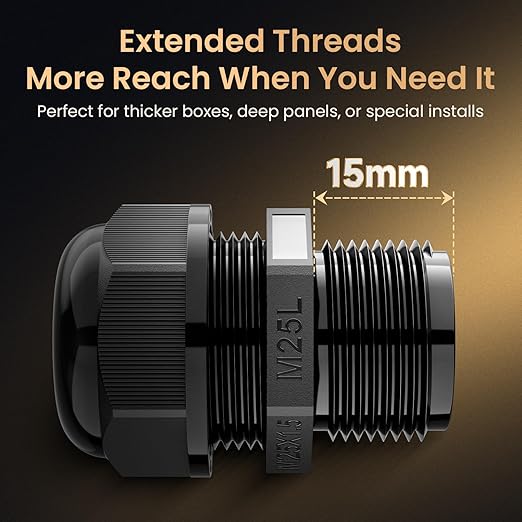 QILIPSU 6pcs M25L Long Thread Cable Gland Waterproof IP68 Nylon Strain Relief Cord Grip Cable Pass Through Wire Connector