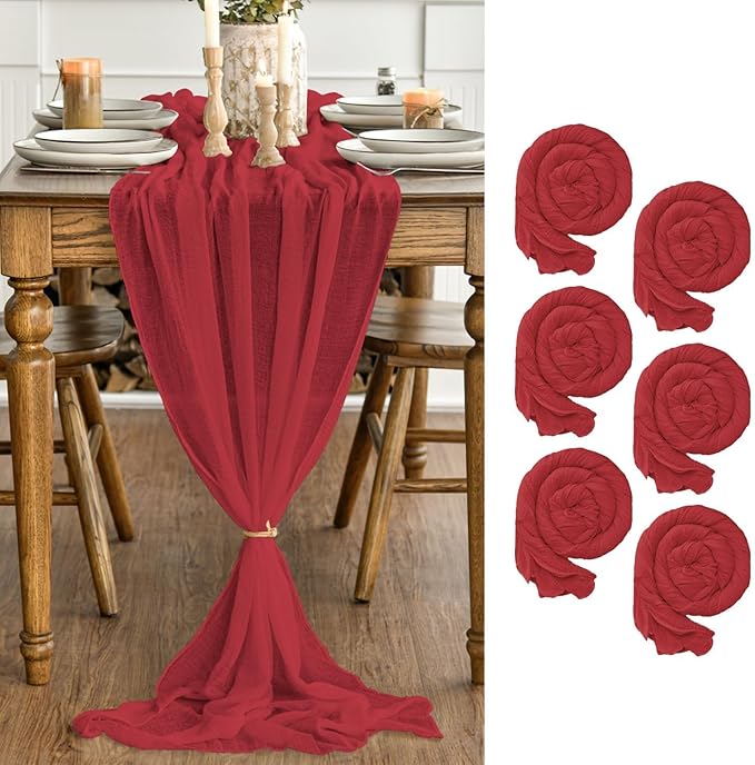 Artoid Mode Boho Red Gauze 6 Pieces Wedding Table Runner, 120 Inch Birthday Fabric Kitchen Dining Holiday Table Decor for Home Party Indoor