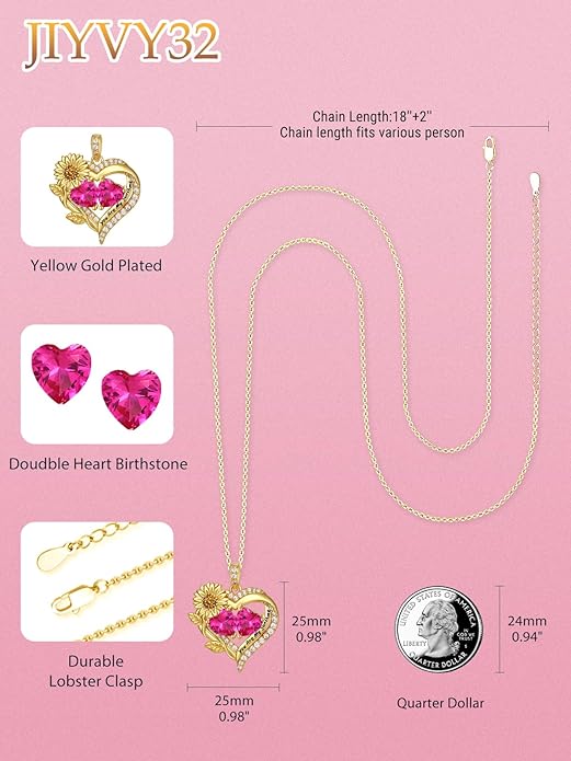 Sunflower Heart Necklace for Women 14K Gold Exquisite Valentines Day Anniversary Birthday Gifts for Wife Mother Her Double Birthstone Pendant Jewelry‘You Are My Sunshine’