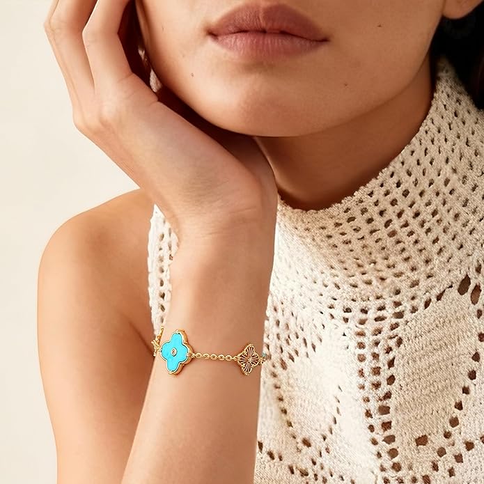 FETERO Gold Bracelets for Women Trendy, Dainty 14K Gold Plated Charm Clover Bracelet 2 Sided Lucky Pendant Cute Pearl Beaded Bracelets Link Chain Waterproof Womens Jewelry Gifts