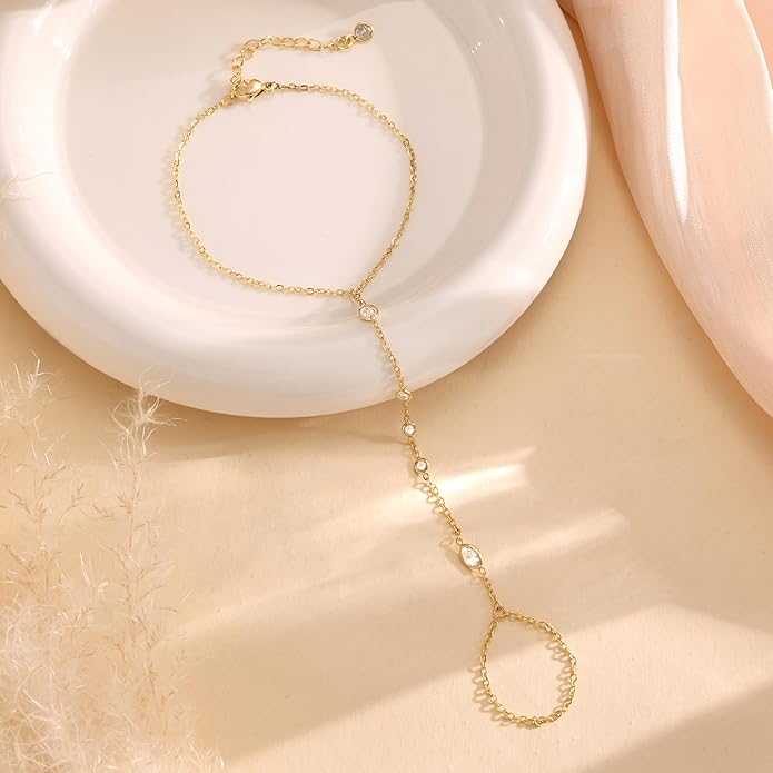 Hand Chain Bracelet for Women: Dainty 14k Gold Silver Plated Ring Chain Bracelets for Women Trendy Jewelry for Wedding Prom Birthday Gifts for Women