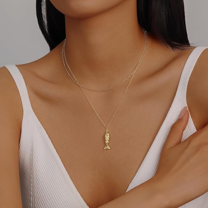 Evabelle Gold Layered Necklace for Women Trendy Jewelry 14K Real Gold Plated Chunky Chain Stackable Necklaces Dainty Choker Necklaces Rectangle Square Pendant