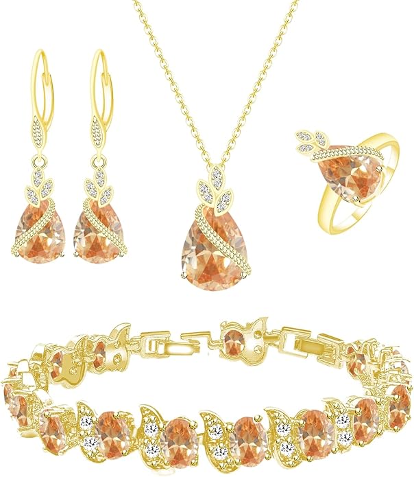 LMXXVJ Jewelry Set for Women,Teardrop Cubic Zirconia Necklace Earrings Adjustable Ring Bracelet Jewelry Set Formal Jewelry Gift