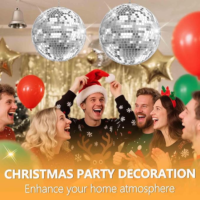 12 Inch LED Light Silver Disco Ball,Silver Glass Mirror Ball Light for Party, Christmas Decorations,USB Powered Mirror Disco Ball for Nightclub,Bar,Wedding,DJ Party Lighting(12inch)
