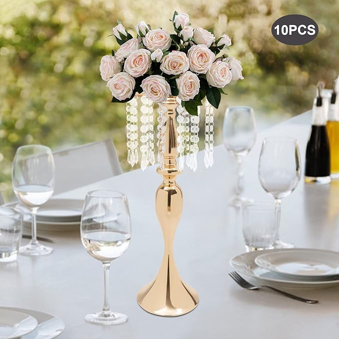 Wedding Centerpieces Gold Vases,10PCS Metal Flower Candle Holder with Sparkling Crystal Beads,Crystal Flower Vase Metal Flowers Stand for Party Tables Decorations (10pcs Gold-Height 21.3)