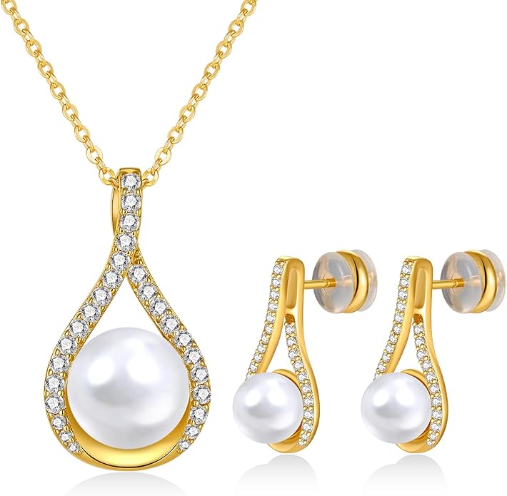 Pearl Necklace and Earring Set for Women- 925 Sterling Silver Adjustable Jewelry Set, White Gold /14K Gold Plated Infinity Black White Pearl Jewelry Set Anniversary Birthday Gifts for Her