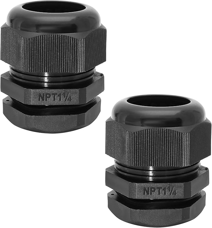 1-1/4" NPT Nylon Cable Glands, IP68 Waterproof Adjustable Cord Grip Cable Connector Strain Relief Wire Protectors for 25-32mm Cable Diameter, 2 Pcs, Black