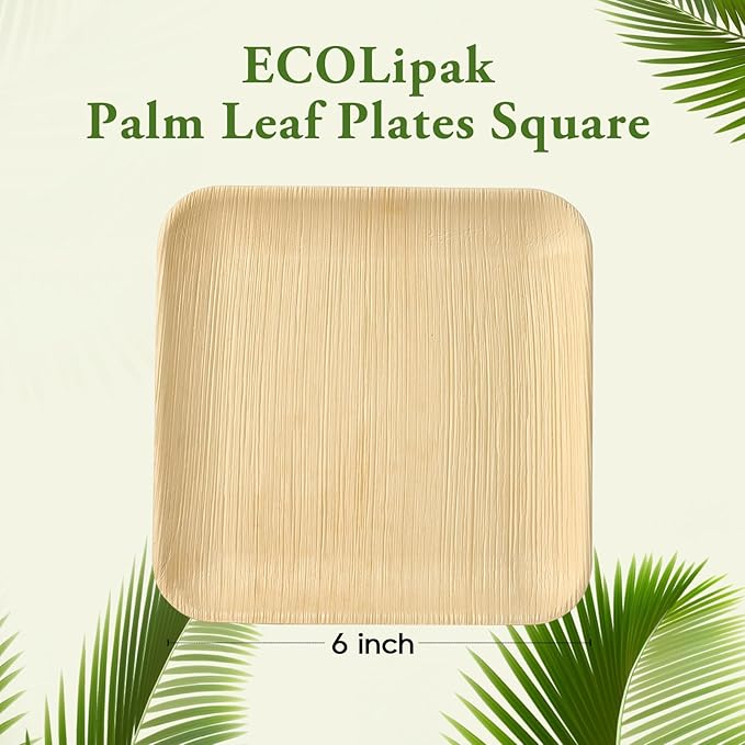 ECOLipak 6 Inch Compostable Palm Leaf Plate Like Bamboo Plate, 100 Pack Disposable Biodegradable Plates Suitable for Party, Dinner