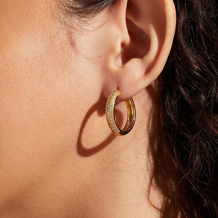 Gold Earrings for Women Girls,14K Gold Plated Hoop Earrings with 925 Sterling Silver Post Cubic Zirconia Stud Earring Huggie Hoops Earrings