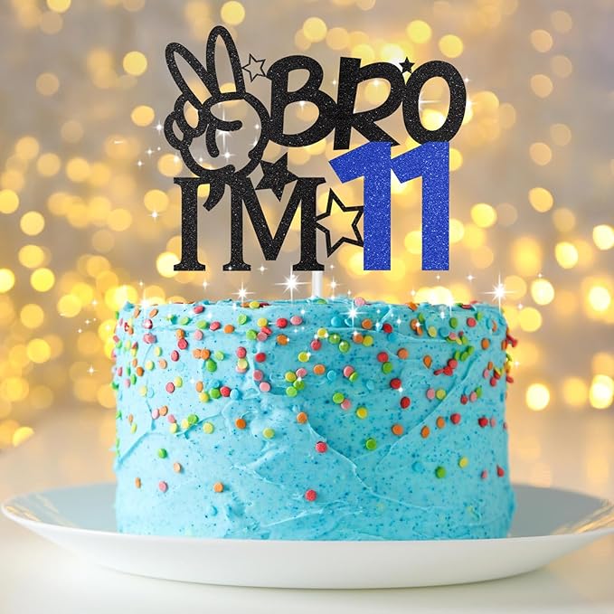 Bro I'm 11 Cake Topper, 11th Birthday Decorations for Boy, Glitter Funny 11th Birthday Cake Topper, Big Brother 11 Year Old Birthday Party Decoration Supplies