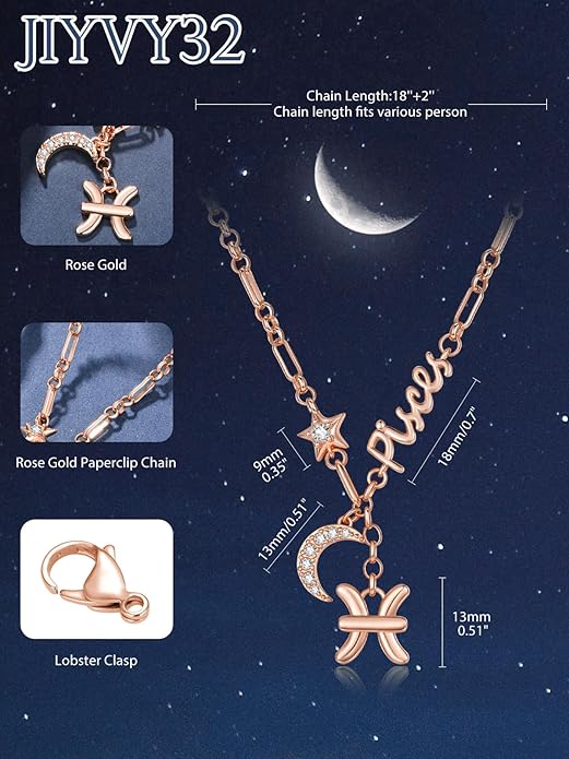 14K Gold/Rose Gold Zodiac Necklace for Women - Horoscope Constellation Pendant with Moon and Star, Luxury Birthday Gifts Jewelry for Her (12 Zodiac Signs)