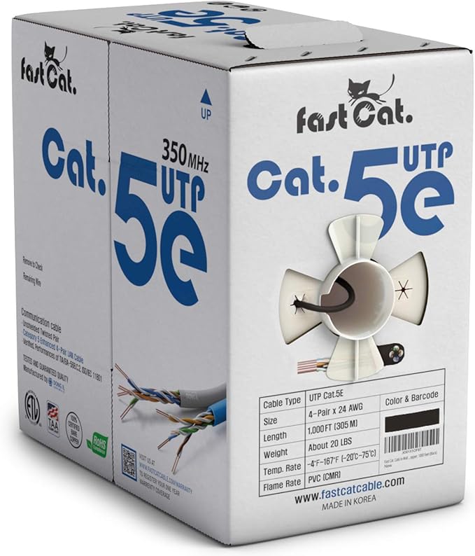 fast Cat. Cat5e Ethernet Cable 1000ft - 24 AWG, CMR, Insulated Bare Copper Wire Cat 5 ethernet Cable with FastReel - 350MHZ / Gigabit Speed UTP Cable Cat5e - CMR (Black)