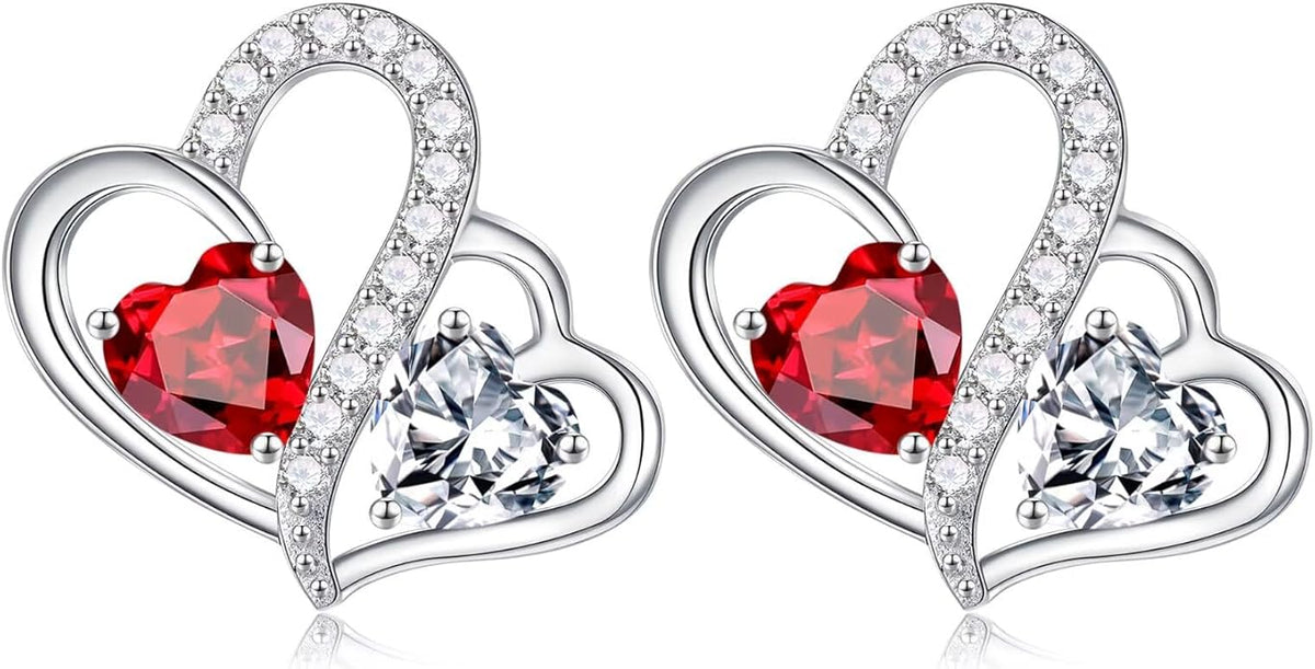 Iefil Valentines Day Gifts for Her - Birthstone Earrings Gift for Women, 925 Sterling Silver Double Heart Birthstone Earrings | Anniversary Birthday Gifts for Women, Personalized Jewelry for Wife Mom