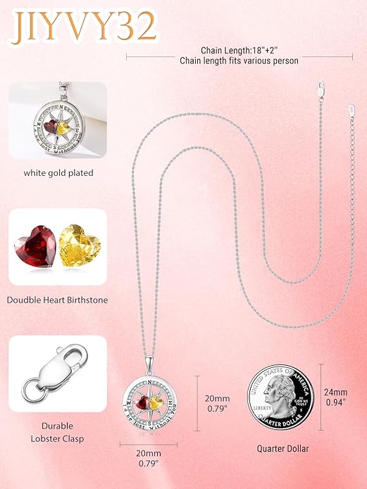 Compass Necklace for Women, Exquisite S925 Valentines Day Anniversary Birthday Gifts for Wife Her Double Birthstone Pendant Jewelry ‘I'd be Lost Without You’