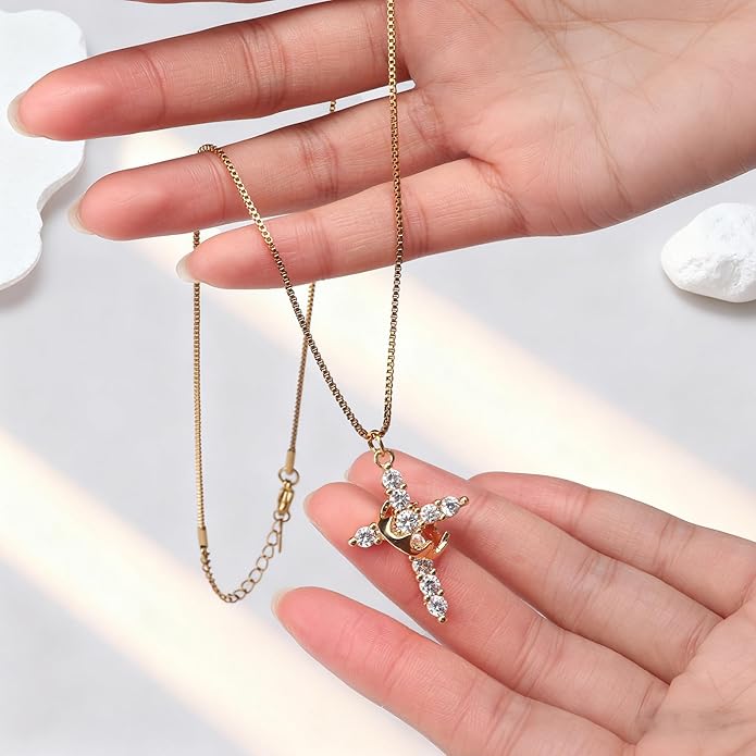 Crown Cross Necklace for Women, 14K Gold Silver Cubic Zirconia Crown Cross Necklace, Diamond Gold Silver Cross Necklaces, Dainty Cross Faith Simple Trendy Charm Jewelry Gift for Women