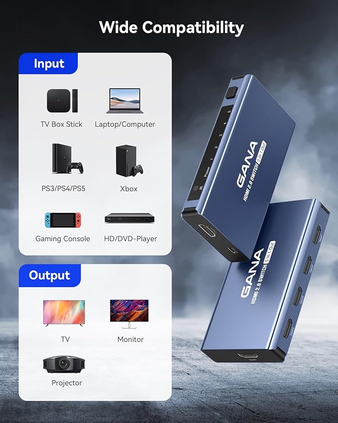 HDMI Switch 5 in 1 Out 4K@60Hz, GANA HDMI Splitter Switcher with Remote, Aluminum HDMI 2.0 Switch Box Hub for 3D, HDCP2.2, HDR, Compatible with Xbox, PS5/4/3,Fire Stick,Roku,Blu-Ray Player, Blue