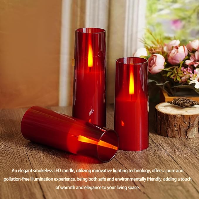 Flameless LED Candles, Upgraded Realistic 5 Pcs Flickering Flame Pillar Candles, Battery Operated Candles with Remote Timer, for Romantic Ambiance and Home Decoration (Red)