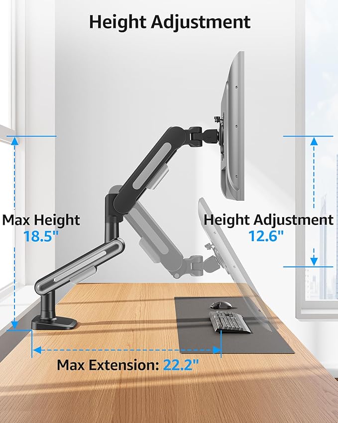 MOUNTUP Single Monitor Desk Mount for 4.4-26.5lbs, Heavy Duty Monitor Arm for 40 39 37 34 32 27inch, Full-Motion Monitors Stand, Height Adjustable Gas Spring Monitors Arm with C-Clamp＆Grommet Base