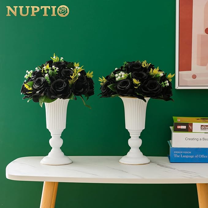 NUPTIO Black Artificial Roses Flowers: Fake Flower Bouquet Halloween Decorations - 15 Heads Artificial Rose Centerpieces with Base for Gothic Wedding Party Table Decor 2 Pcs
