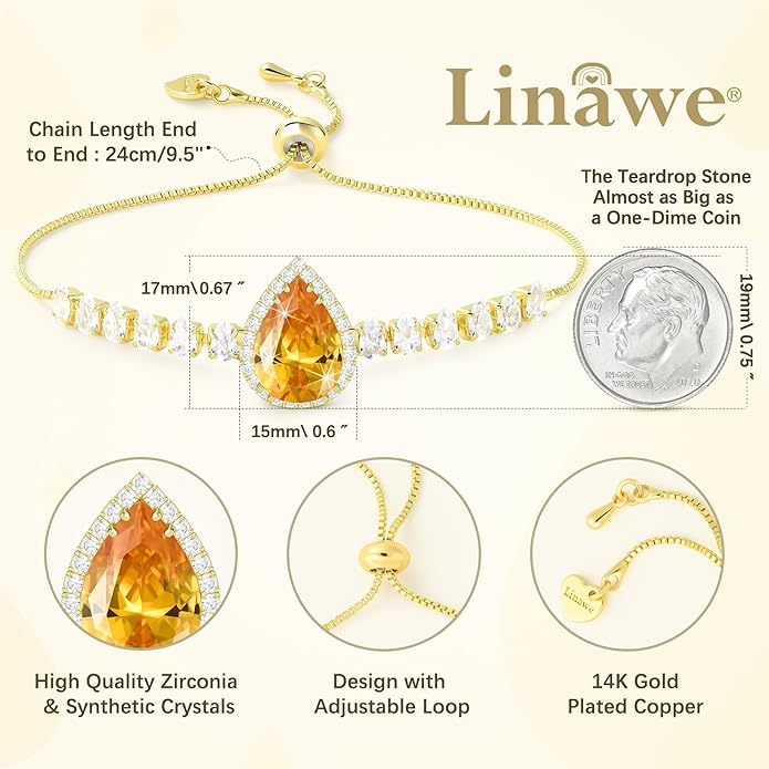 Linawe Crystal Imitation Diamond Rhinestone Charm Bracelets for Women, Gold/Silver/Rose Gold Adjustable Chain Bracelet, Teardrop Birthstone Cubic Zirconia Prom Costume Wedding Jewelry