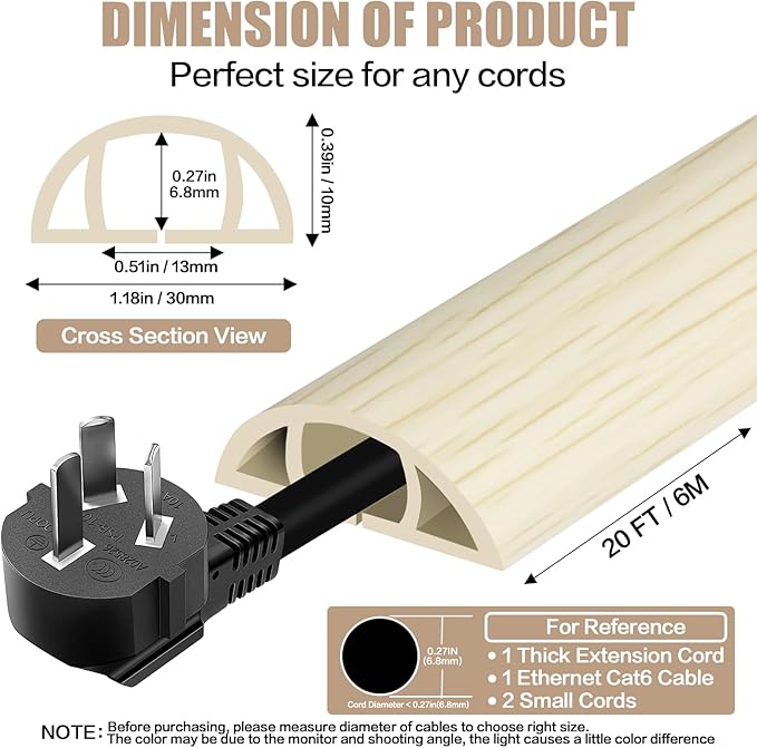 Floor Cord Cover Self Adhesive Cord Hider,20FT Cable Management, Extension Strip Protector for Wires, Prevent Cable Trips for Offices, Gyms, Exhibitions Cavity:0.39"(W) x 0.27"(H) Yellow Wood