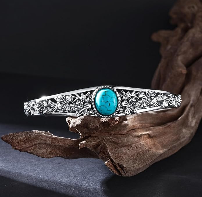 Genuine Turquoise Cuff Bracelet for Women, Sterling Silver Western Vintage Floral Bangle Native American Jewelry, For 6.5-7.5 Inch Wrists