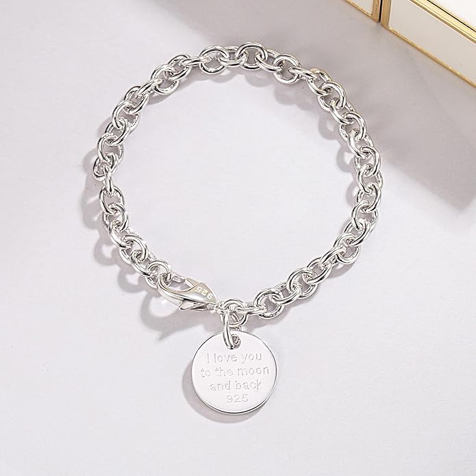 Dankadi Women 925 Sterling Silver Round Cable Wire Link Bracelet Charm Heart-Bell-Square-Circle Pendant Chain Bangle Fine Jewelry Gift For Wife Her