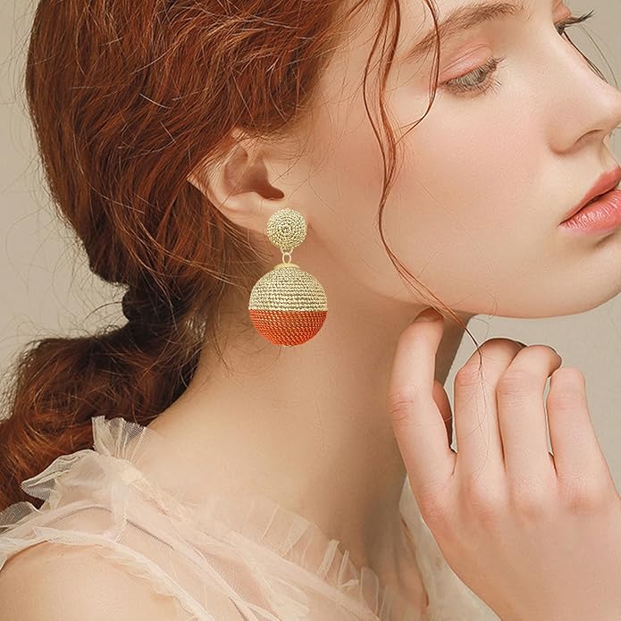 Bohemian National Style Weave Ball Lightweight Dangle Drop Earrings Thread Entanglement Contrasting Color Vintage Stud Earrings For Women Jewelry Gifts