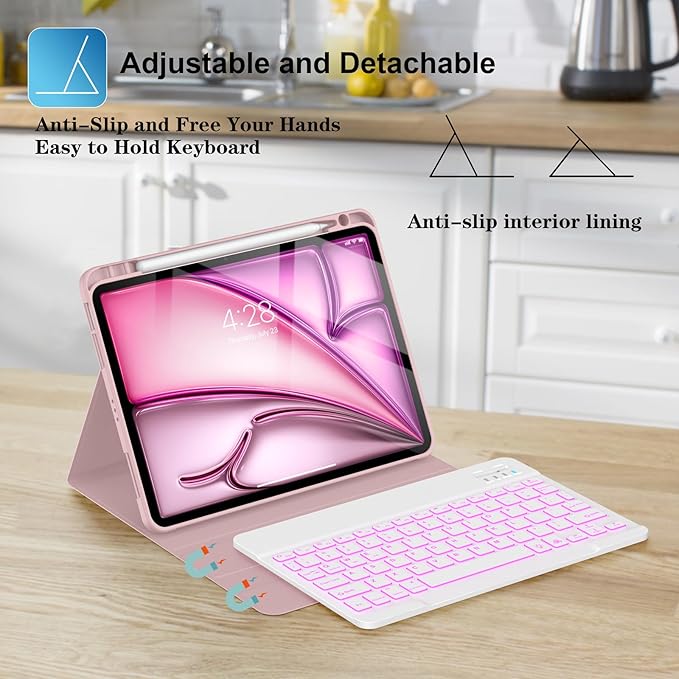 Supveco Keyboard Case for iPad Air 11 Inch (M3 2025,M2 2024),iPad Air 5th/4th Generation with Pencil Holder-7 Colors Backlit Wireless Detachable Folio Keyboard Cover with Soft TPU Back-Pink