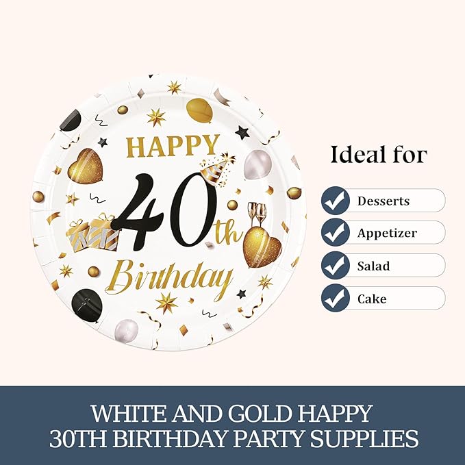 75PCS 40th Birthday Plates and Napkins Party Decorations, 7 Inch White and Gold Happy 40th Birthday Paper Dessert Cake Plates and Napkins Set Disposable Tableware Party Favors for Women Men