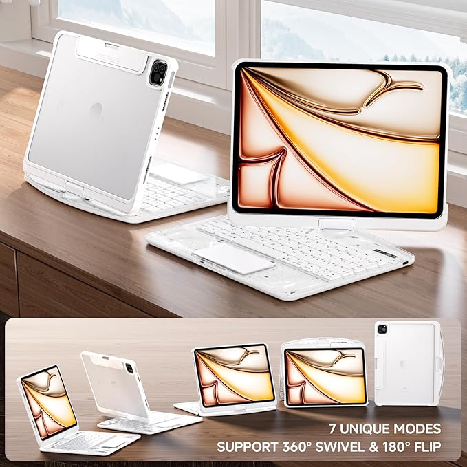 Transparent Case with Keyboard for iPad 9th (7th, 8th, and 9th Gen) 10.2 Inch,with 7-Color Backlit Wireless Keyboard,360°Rotatable Protective Case Multi-Touch Trackpad,with Pencil Holder,White