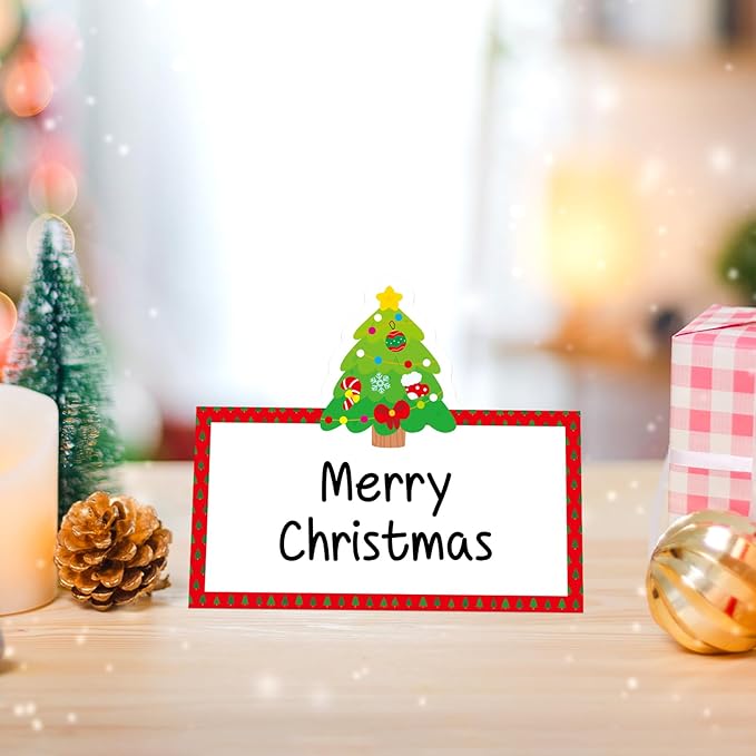 48 Pcs Christmas Place Cards Winter Table Seating Name Cards Tent Cards Santa Claus Buffet Cards Food Tag Label for Christmas Party Dinner Baby Shower Weddings Décor