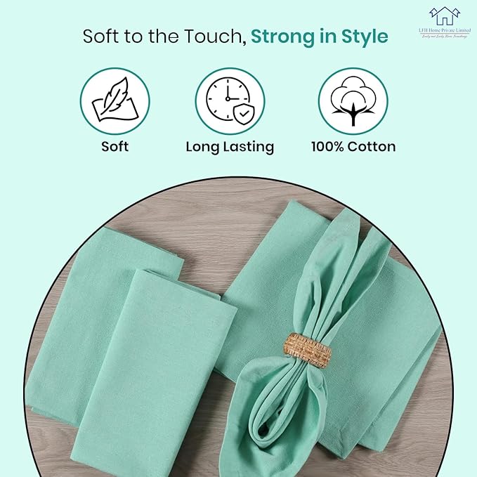LFH Home Cotton Rich Metered Napkins for Dining Table Set of 12, Elegant Cloth Napkins for Wedding Party or Everyday Use Machine Washable Durable Reusable and Soft for Hosting 18x18 Inch - Aqua