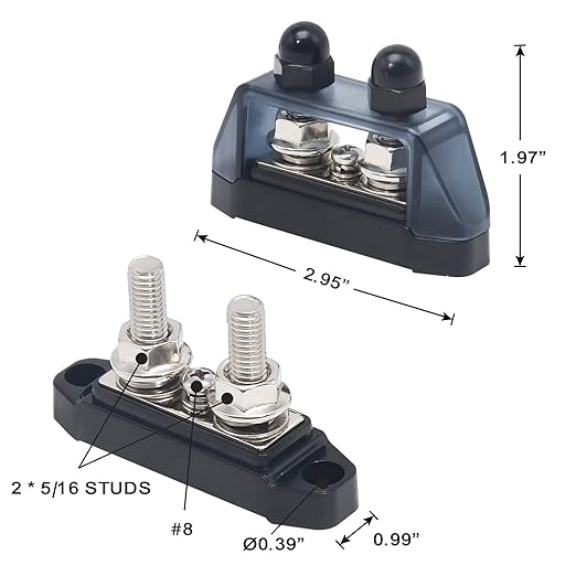 Recoil S2P-516 Busbar Dual 5/16” Studs and #8 Screw Terminal Power Distribution Block with Ring Terminals Pair Red & Black