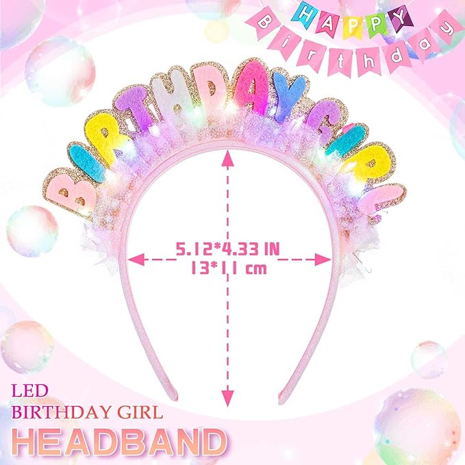 Light Up Birthday Girl Headbands LED Pink Birthday Crown Headpiece Glitter Party Hair Accessories for Women (Pink, One Size)