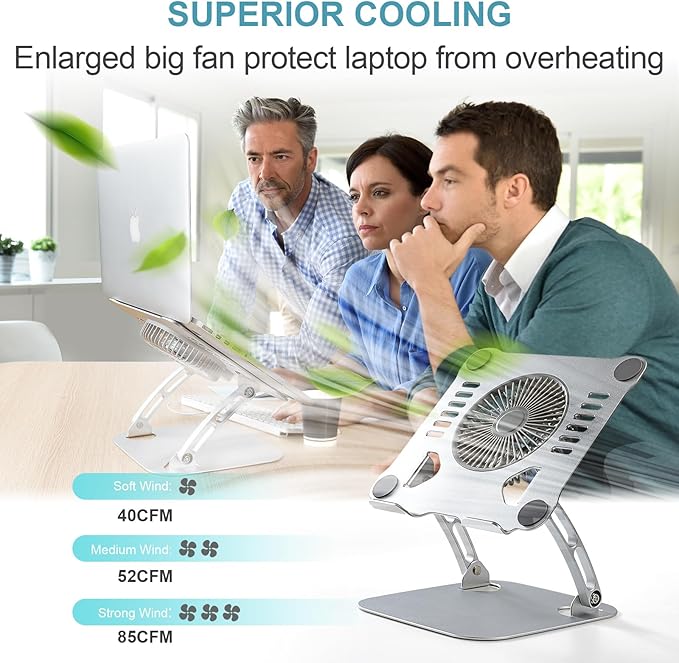 SHUWEI Laptop Cooling Stand with 3 Speed Fan, Adjustable Height & Angle, Carbon Steel Framework, Ultra-Quiet & Super Sturdy for up to 16”Laptop - Black