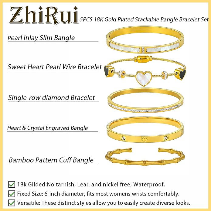ZhiRui Women's 18K Gold Plated Stackable Bracelet Set - Waterproof Mother of Pearl Heart Cubic Zirconia Jewelry Gifts for Women