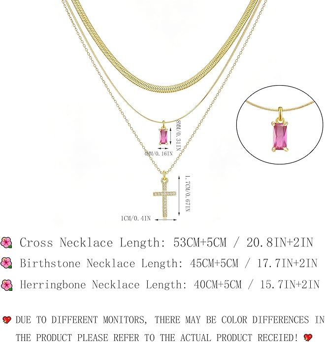3Pcs Gold Layered Necklaces for Women, 14K Gold Plated Cross Necklace, Dainty Birthstone Necklace for Women, Herringbone Gold Necklaces Set, Stackable Women's Gold Pendant Necklaces Jewelry Set