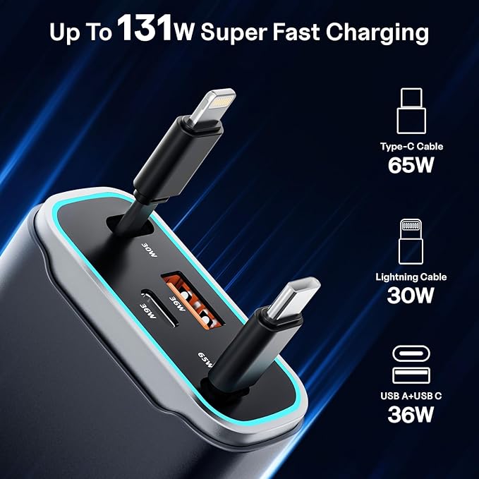Retractable Car Charger USB C 131W 4-in-1 Fast Charging with 2 Retractable Cables Car Phone Charger Adapter for iPhone 16 15 14 13 Fast Charge Car Accessories, Gifts for Men Women