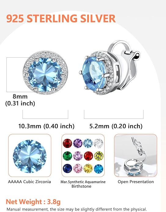 Silvora 925 Silver 8MM Cubic Zirconia Birthstone Clip On Stud Earrings Round Non Pierced Earrings For Women,Come with Box