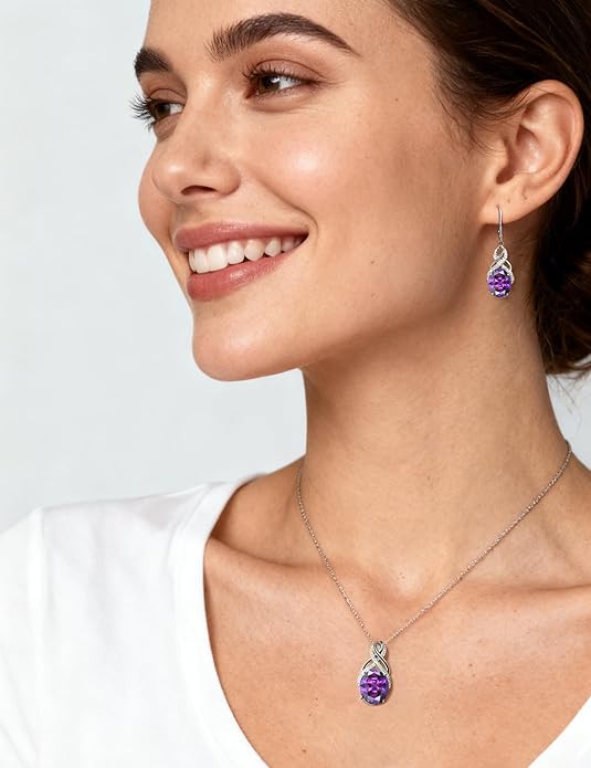 STARCHENIE 925 Sterling Silver Infinity Necklace Earrings for Women Amethyst Drop Dangle Earrings Oval Cut Birthstone Pendant Jewelry Set Gift